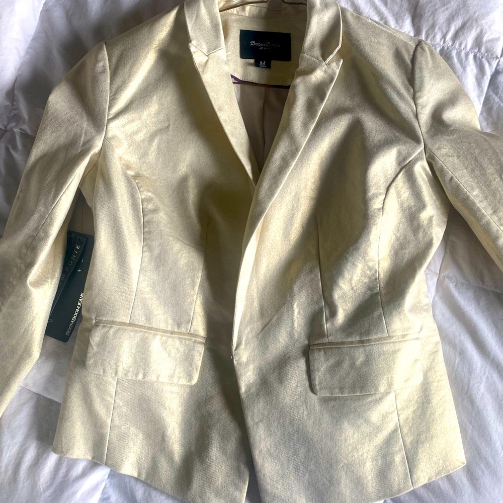Cream-Chrome Pleated Blazer Jacket, Womens, Size M